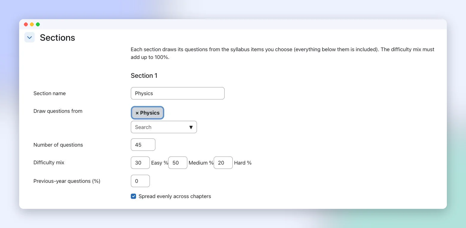 Blueprint form showing a Physics section with 45 questions and a 30/50/20 difficulty mix