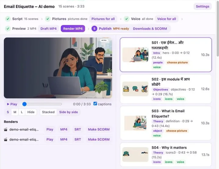 Ed Studio video editor: a scene preview with play controls on the left, and the list of scenes with their timing, picture and voice status on the right