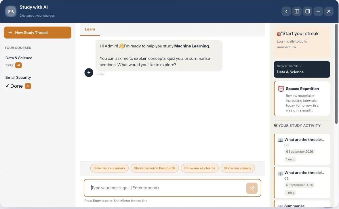 Study with AI open on a Machine Learning activity, offering a summary, flashcards, key terms and a visual explanation