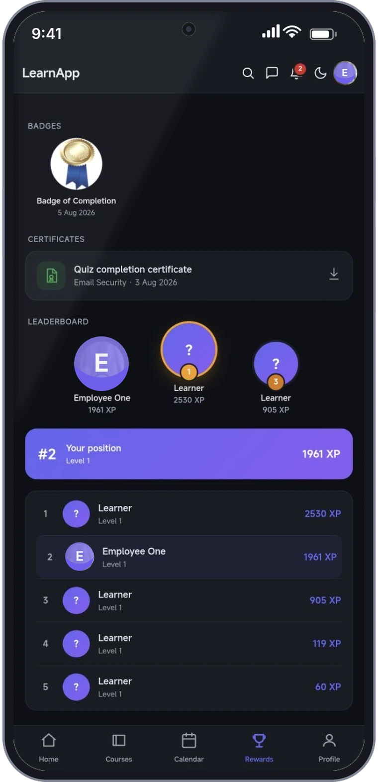 Mobile learning app rewards screen with badges, downloadable certificates and XP leaderboard